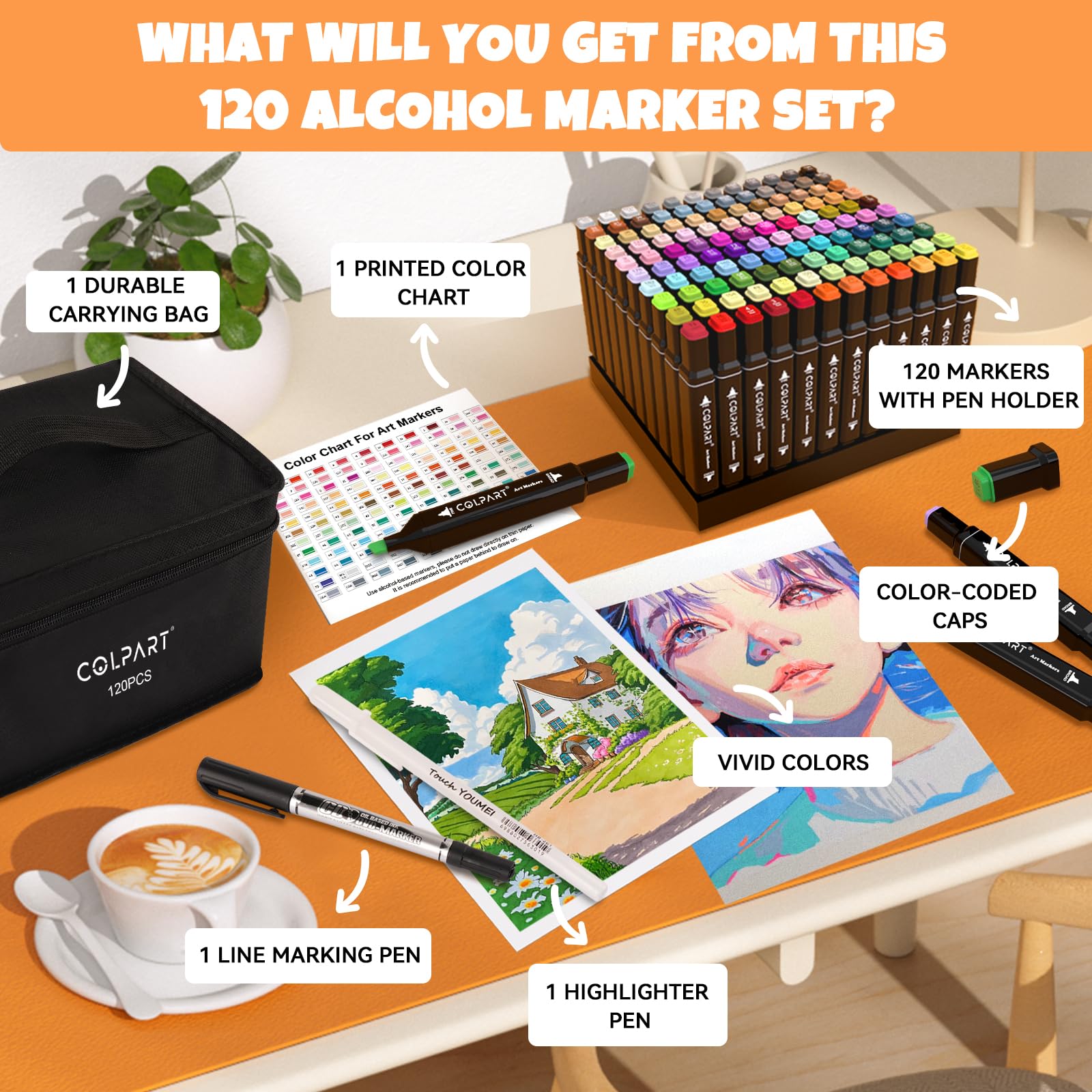 colpart 120 Colors Alcohol Markers Dual Tip Art Marker Pens for Adult Coloring Painting Supplies Perfect for Painting, Coloring, Sketching and Drawing