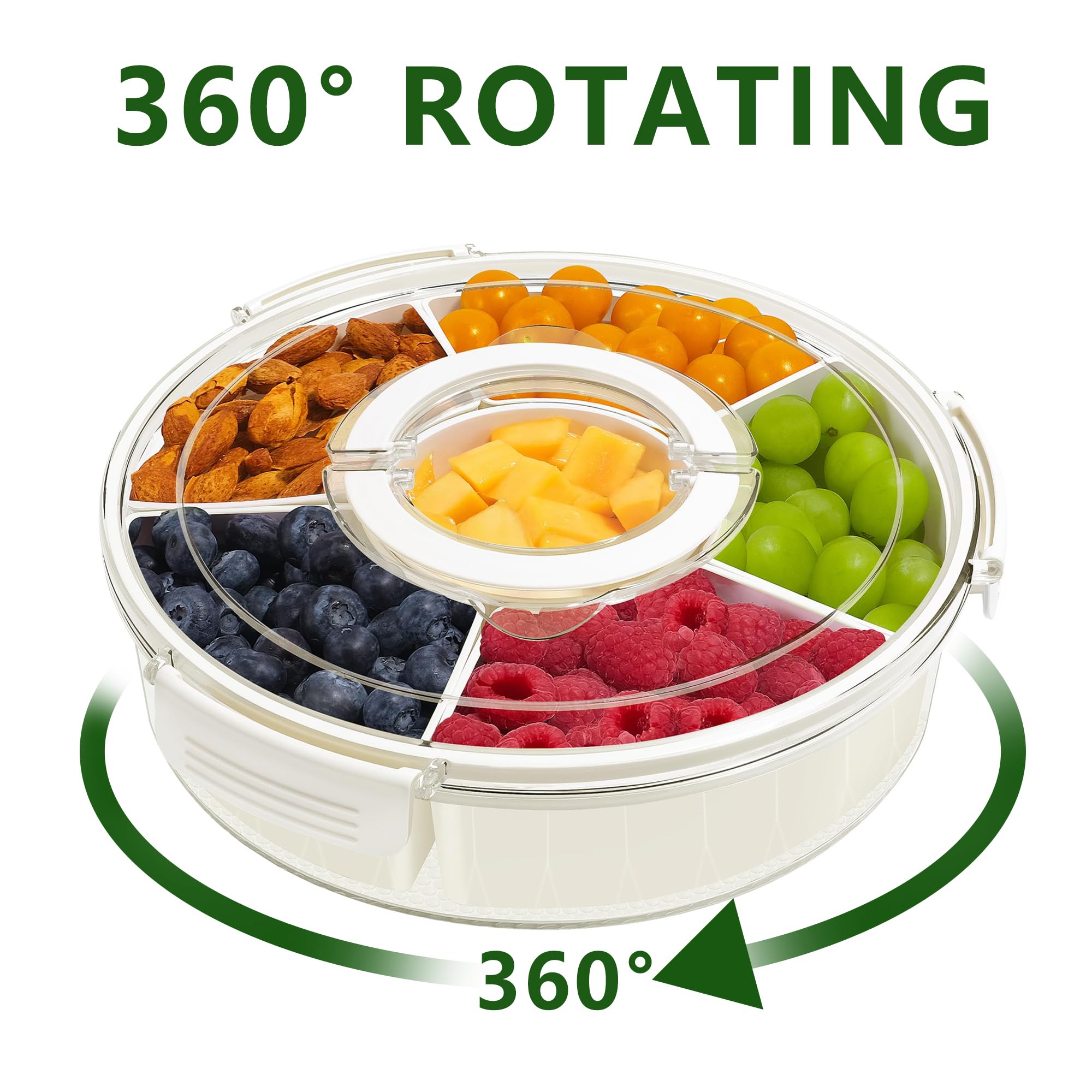 STORICANS Rotating Snack Box Container, Divided Serving Tray with Lid and Handle, Snack Organizer for Adults Fruit Tray, Veggie Tray, Perfect for Party, Entertaining 1 Pack