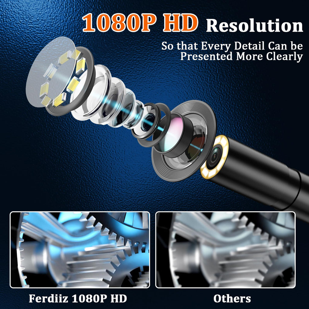 Endoscope Camera with Light, Ferdiiz 1080P HD Borescope with 4.3" IPS Screen, IP67 Waterproof Inspection Camera 8 Adjustable LED Lights, Flexible Endoscopic Camera-16.5FT 5M Semi-Rigid Cable