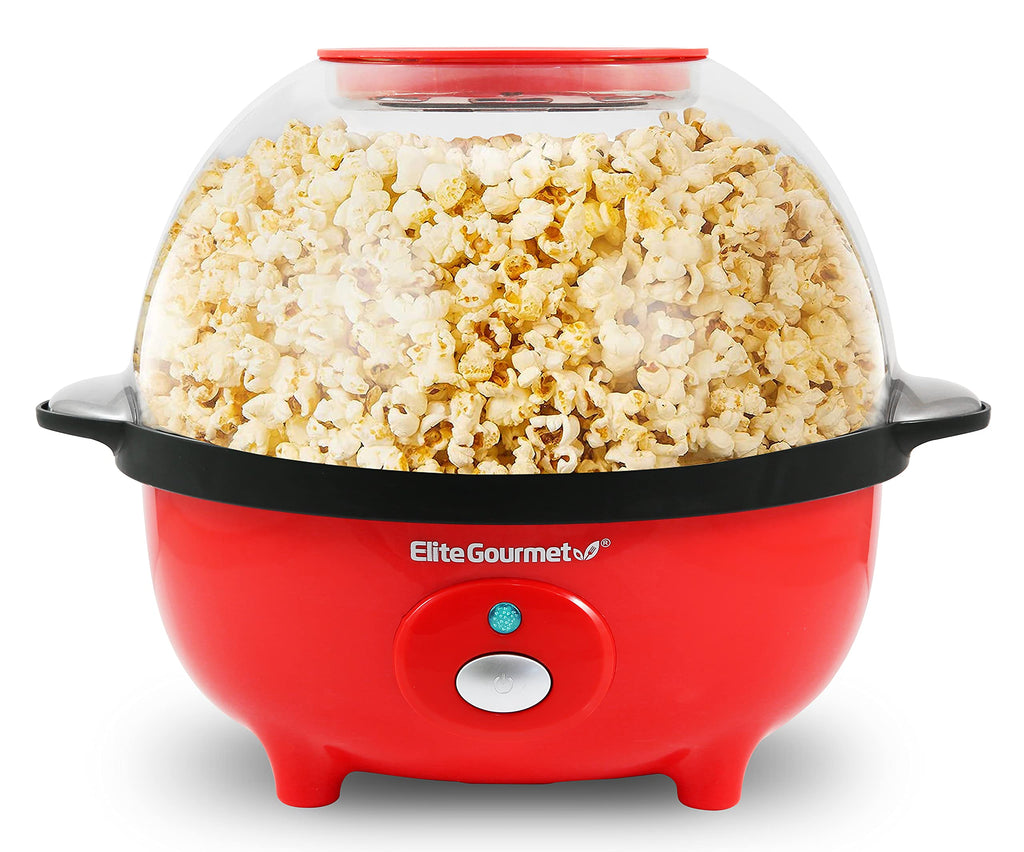 Elite Gourmet EPM330R Automatic Stirring Ceramic Nonstick 12-cup Popcorn Maker, Hot Oil Popcorn Machine w/Measuring Cap & Built-in Reversible Serving Bowl, Great for Home Party, ETL Approved, Red