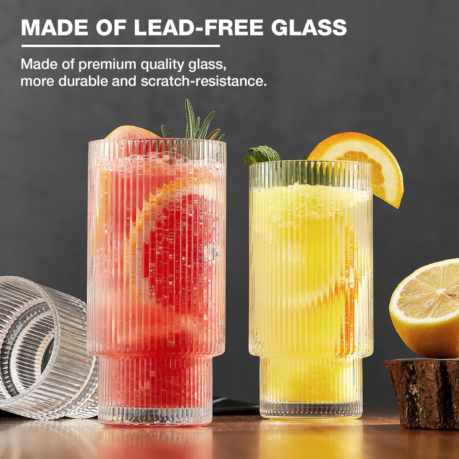 Qipecedm 6 Pack Ribbed Drinking Glasses - 16 oz Vintage Glass Cups, Highball Cocktail Glasses, Premium Iced Coffee Tumblers, Elegant Glassware for Water, Juice, Whiskey, Beer