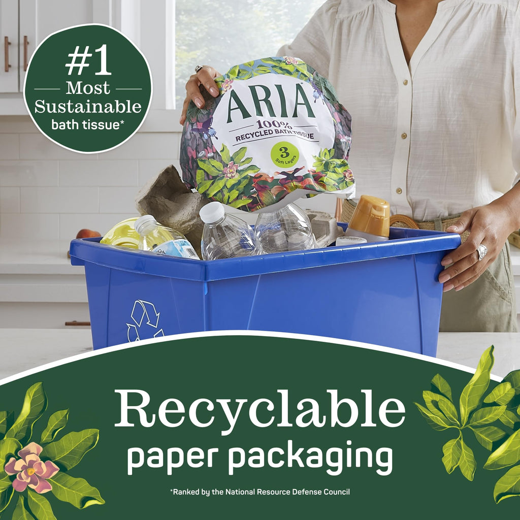 Aria 100% Recycled Toilet Paper, 1 Pack of 6 Rolls, 3 Soft Layers of Bath Tissue with Recyclable Paper Packaging