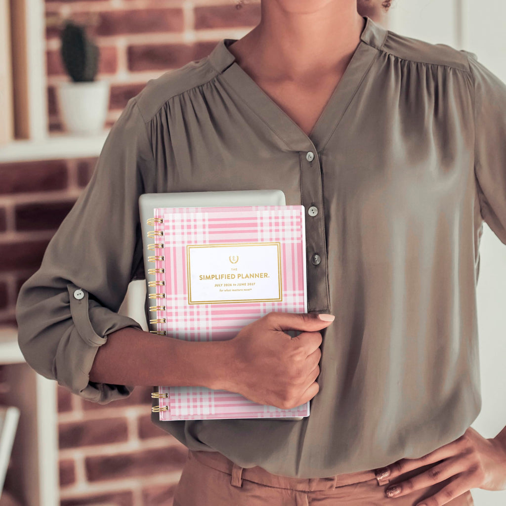AT-A-GLANCE Planner 2026-2027 Weekly & Monthly Academic 12-Month July-June, 5-1/2" x 8-1/2", Front Cover Pocket, Simplified by Emily Ley, Oversized Plaid (EL51-201A)