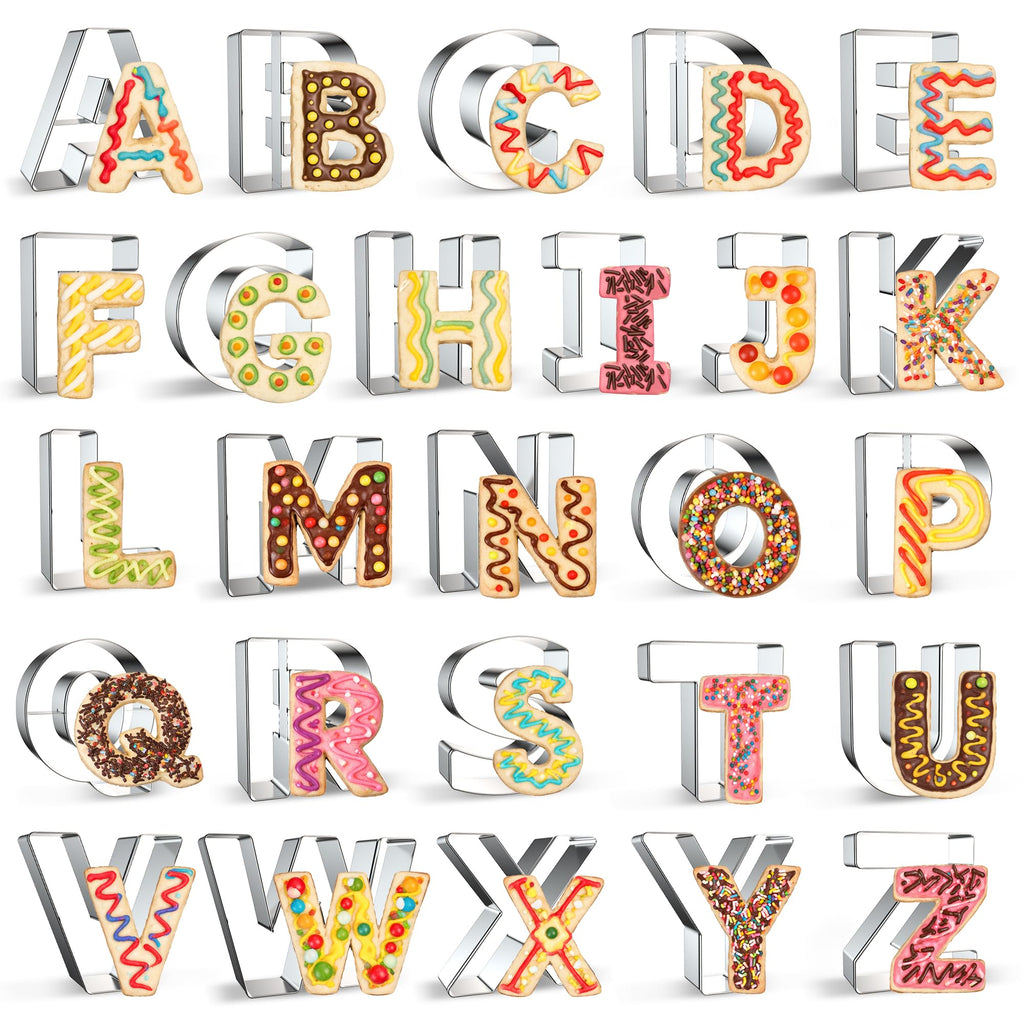 FUSOTO 26PCS Alphabet Letters Cookie Cutters Set, DIY Alphabet Cake&Cookie, Stainless Steel Cookie Cutters for Baking, Letters Shaped Baking Tool for Homemaking Biscuits, Cookie, Dough