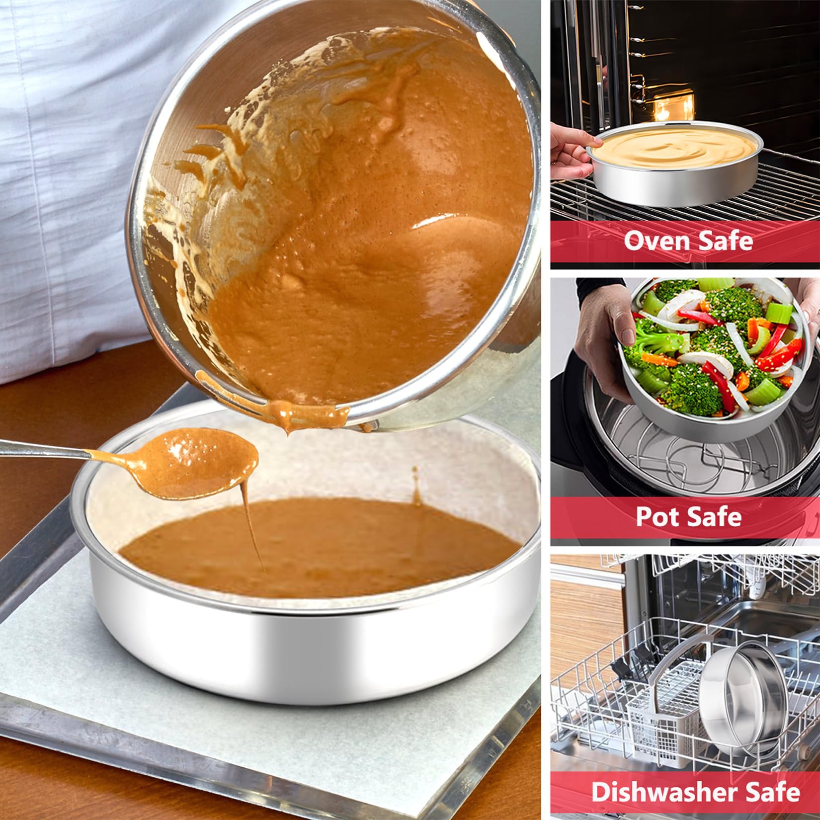 P&P CHEF 8 Inch Cake Pan Set, 3 Pcs Round Baking Pans Stainless Steel Layer Birthday Wedding Cake Pans, Fit Oven/Pots/Pressure Cooker, Non Toxic & Heavy Duty, Dishwasher Safe