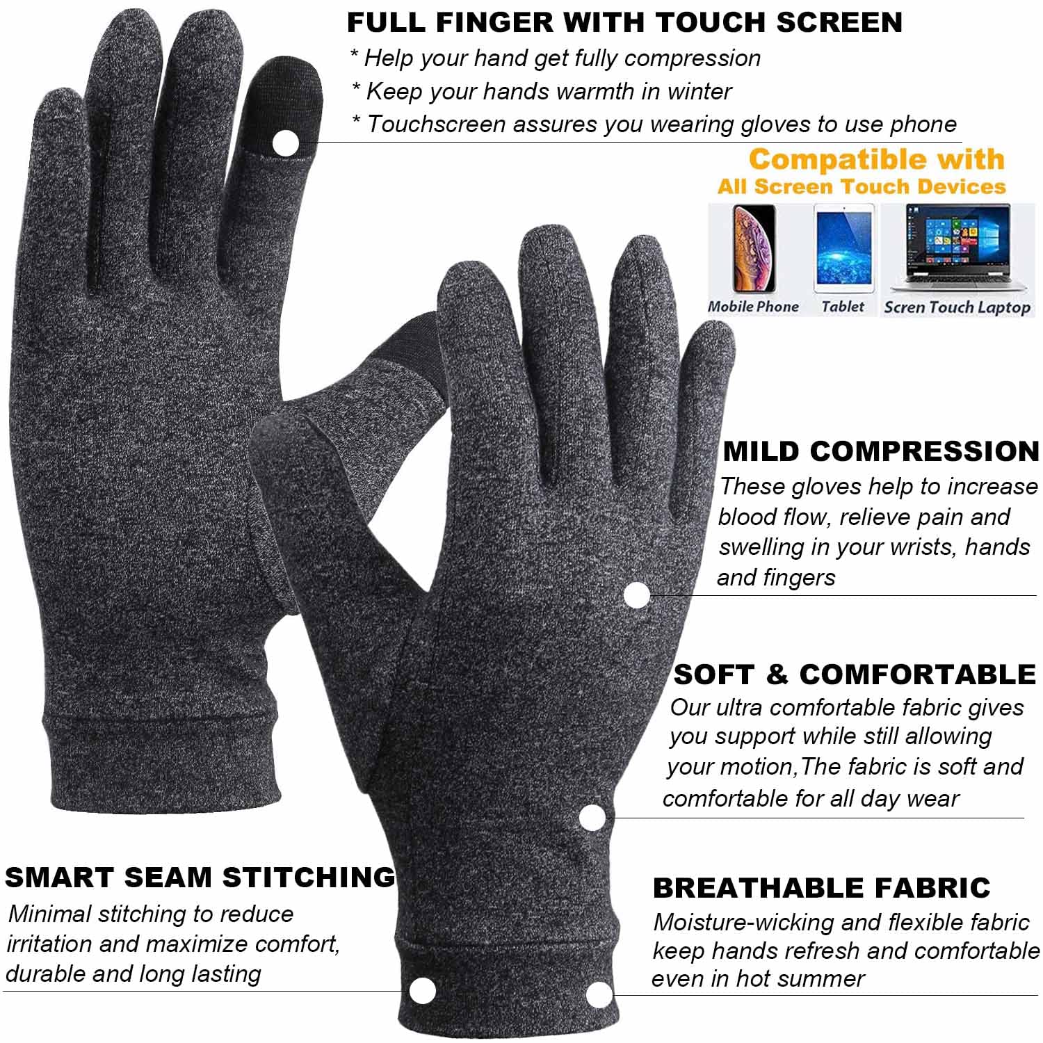 2 Pairs Compression Gloves for Women for Pain, Full Finger Arthritis Gloves for Men, Hand Compression Gloves for Crocheting, Relieve Pain from Carpal Tunnel, Rheumatoid, Osteoarthritis, RSI (Medium)