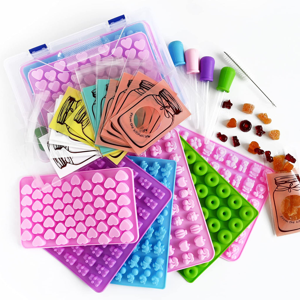 Gummy Bear Molds Silicone 32PCS, Non-Stick Chocolate Candy Mold 18 Shapes for 327 Candies, with 4 Droppers, Clean Brush, Storage Box, 20 Wrappers, Including Dinosaur Mini Donut Fruit Animals Shaped
