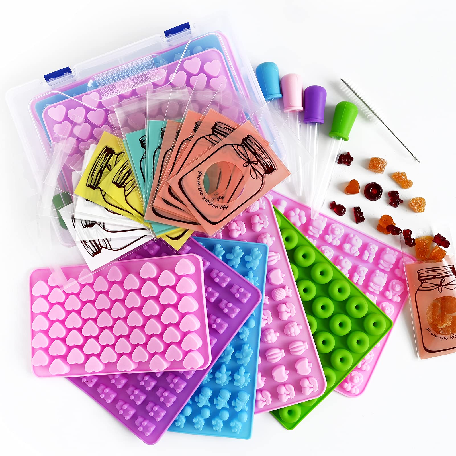 Gummy Bear Molds Silicone 32PCS, Non-Stick Chocolate Candy Mold 18 Shapes for 327 Candies, with 4 Droppers, Clean Brush, Storage Box, 20 Wrappers, Including Dinosaur Mini Donut Fruit Animals Shaped