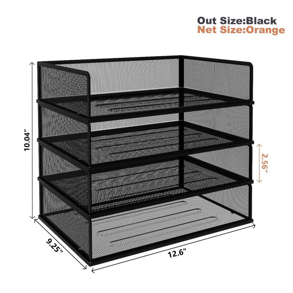 Natwind 4 Tier Stackable Paper Trays for Letter Documents, Desktop File Organizers for Office Supplies, Metal Mesh Desk Organizer，Office Organizer，Letter Trays for Home, Office, School，Black