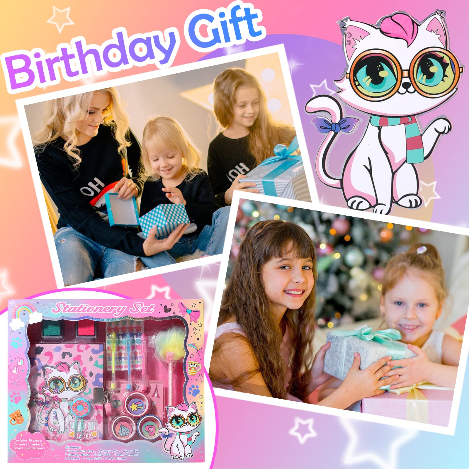 Cat Diary for Girls with Lock, Cat Stationery Set with Secret Diary, Stamps, Pens, Cat Journal Notebook Birthday Gifts for Little Girls Age 5 6 7 8 9 10-12
