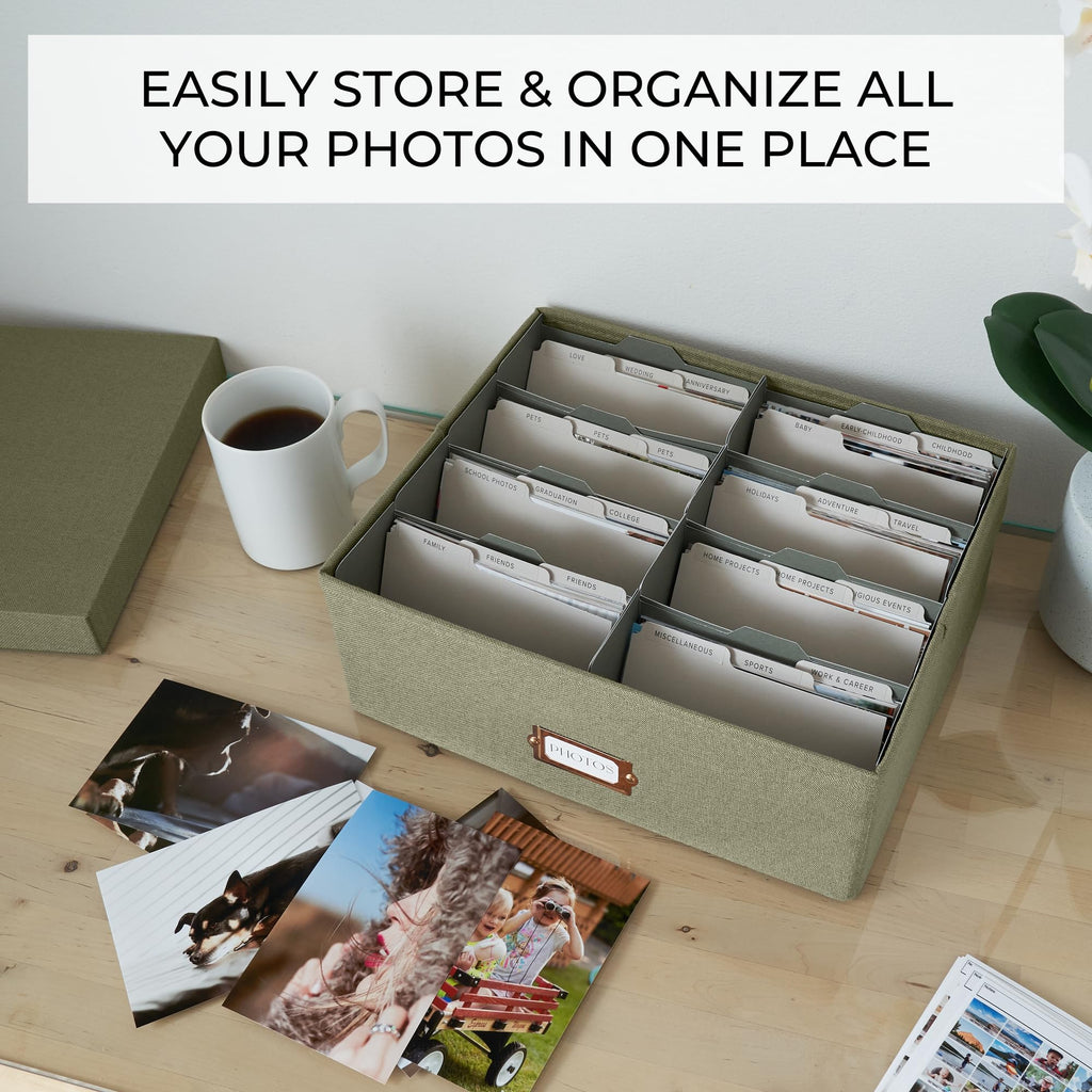 ZICOTO Decorative Photo Storage Box - Sturdy Linen Photo Organizer with Dividers is Perfect to Store Up to 1700 Pictures and 4x6 Photos - Portable Scrapbook Storage Containers with Lid