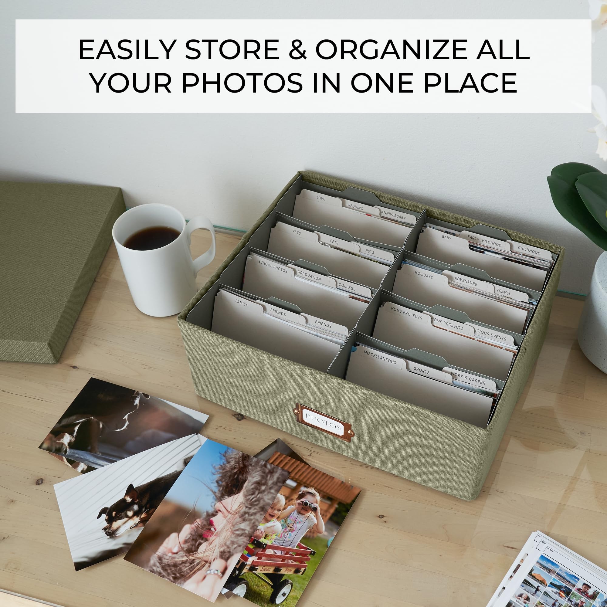 ZICOTO Decorative Photo Storage Box - Sturdy Linen Photo Organizer with Dividers is Perfect to Store Up to 1700 Pictures and 4x6 Photos - Portable Scrapbook Storage Containers with Lid