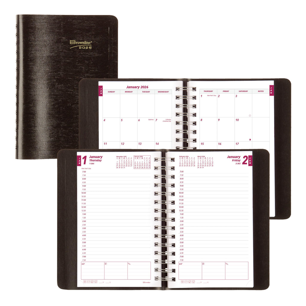 Brownline® 2026 Essential Daily/Monthly Planner, Appointment Book, 12 Months, January to December, Twin-Wire Binding, 8" x 5", Black (CB634W.BLK-26)