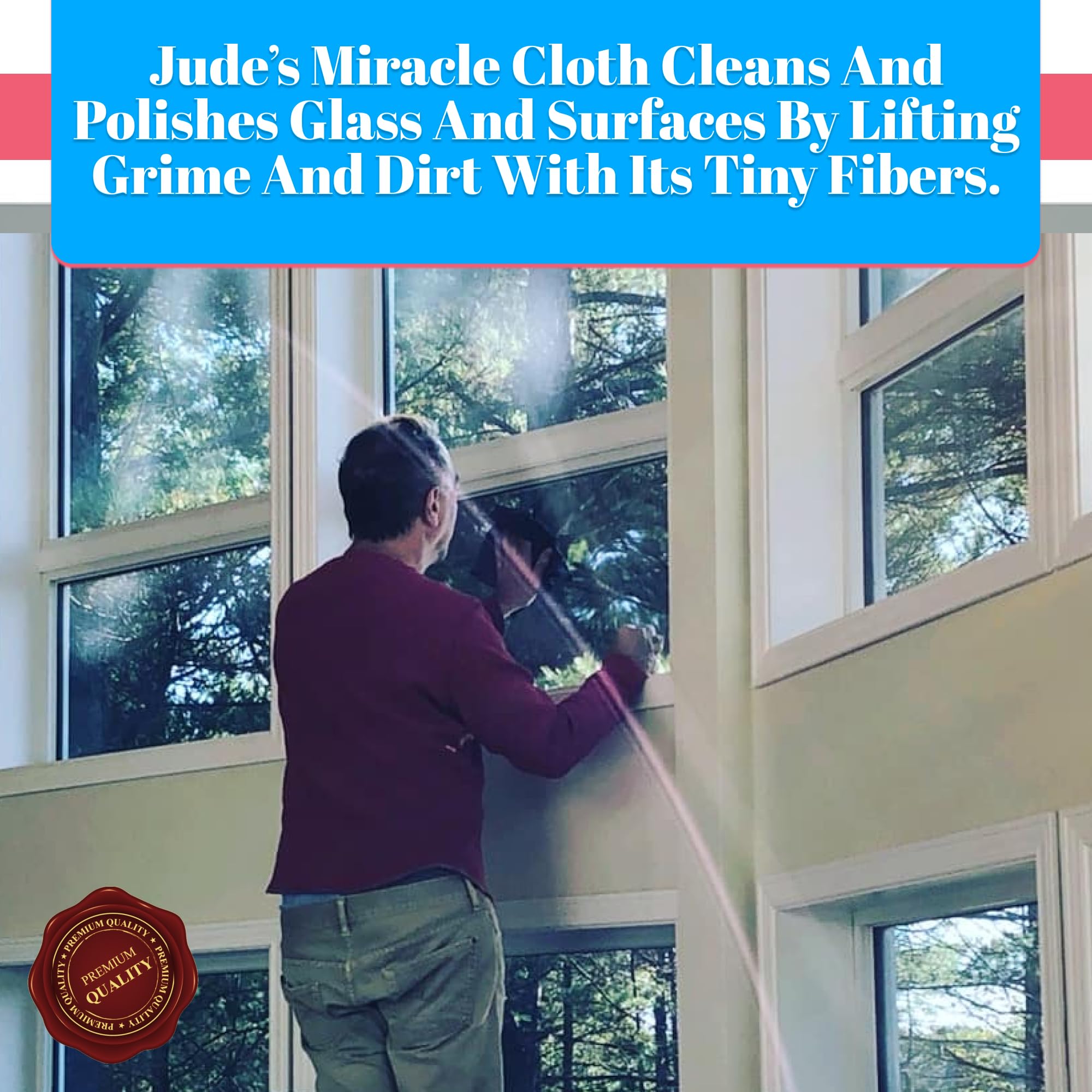 Jude's Miracle Cloth 3 Pack - White/Blue/Grey - Premium Smooth Microfiber Cloths - Chemical-Free, Lint-Free - Windows, Mirrors, Stainless Steel, Chrome, Stone Countertops, Plexiglass & So Much More!