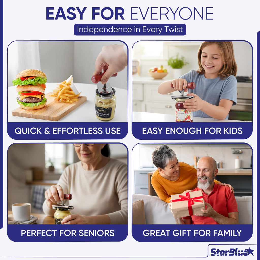 StarBlue Jar Opener for Seniors with Arthritis & Weak Hands – Adjustable Lid Remover Tool for Jars & Bottles – Heavy Duty Stainless Steel with Wood Handle + 2 Extra Anti-Slip Rubber Grips