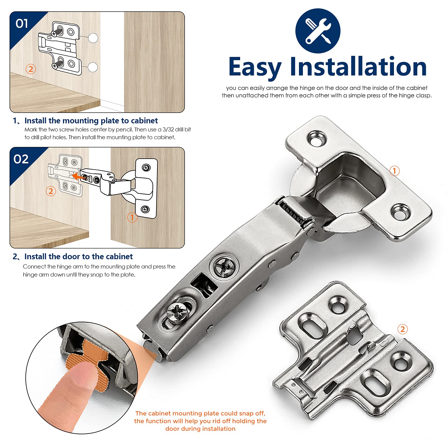 Ravinte 10 Pack 5 Pairs European Kitchen Cabinet Hinges Soft Close Full Overlay Cabinet Door Hinges Heavy-Duty Frameless Adjustable Concealed Cabinet Cup Hinge