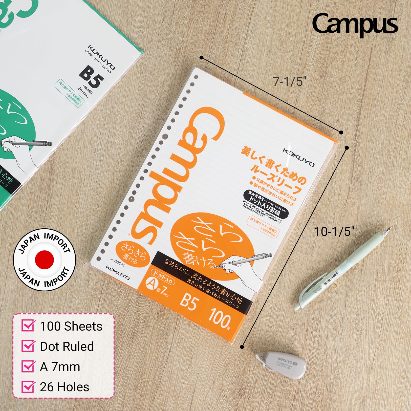 Kokuyo Campus Loose Leaf Paper for Binders, Sarasara Smooth Writing, B5, A 7mm Dotted Ruled, 26 Holes, 31 Lines, 100 Sheets, pH Neutral, Bleed Resistant, 75gsm, Pack of 3, Japan Import (NO-836ATN)