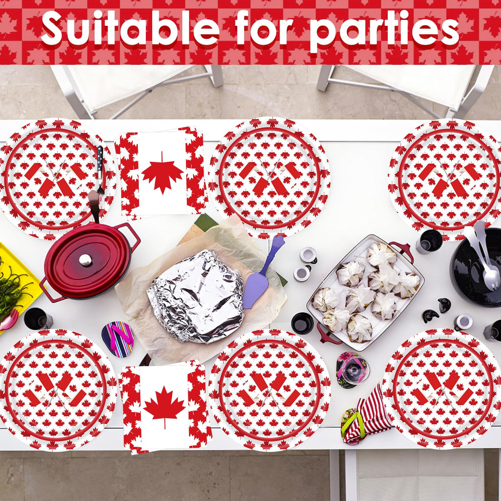 SINGOMON 96PCS Canadian Flag Plates and Cutlery Set Canada Day Dinnerware Set Dinner Plates Disposable Paper Plate Party Cups Paper Napkins for 1th of July Canadian National Day Canada Day Decorations
