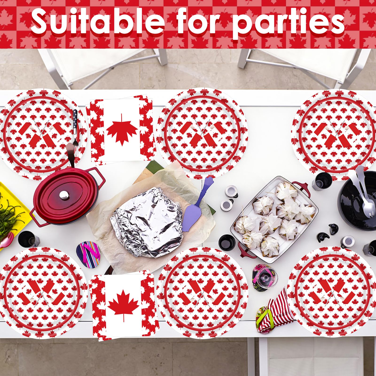 SINGOMON 96PCS Canadian Flag Plates and Cutlery Set Canada Day Dinnerware Set Dinner Plates Disposable Paper Plate Party Cups Paper Napkins for 1th of July Canadian National Day Canada Day Decorations