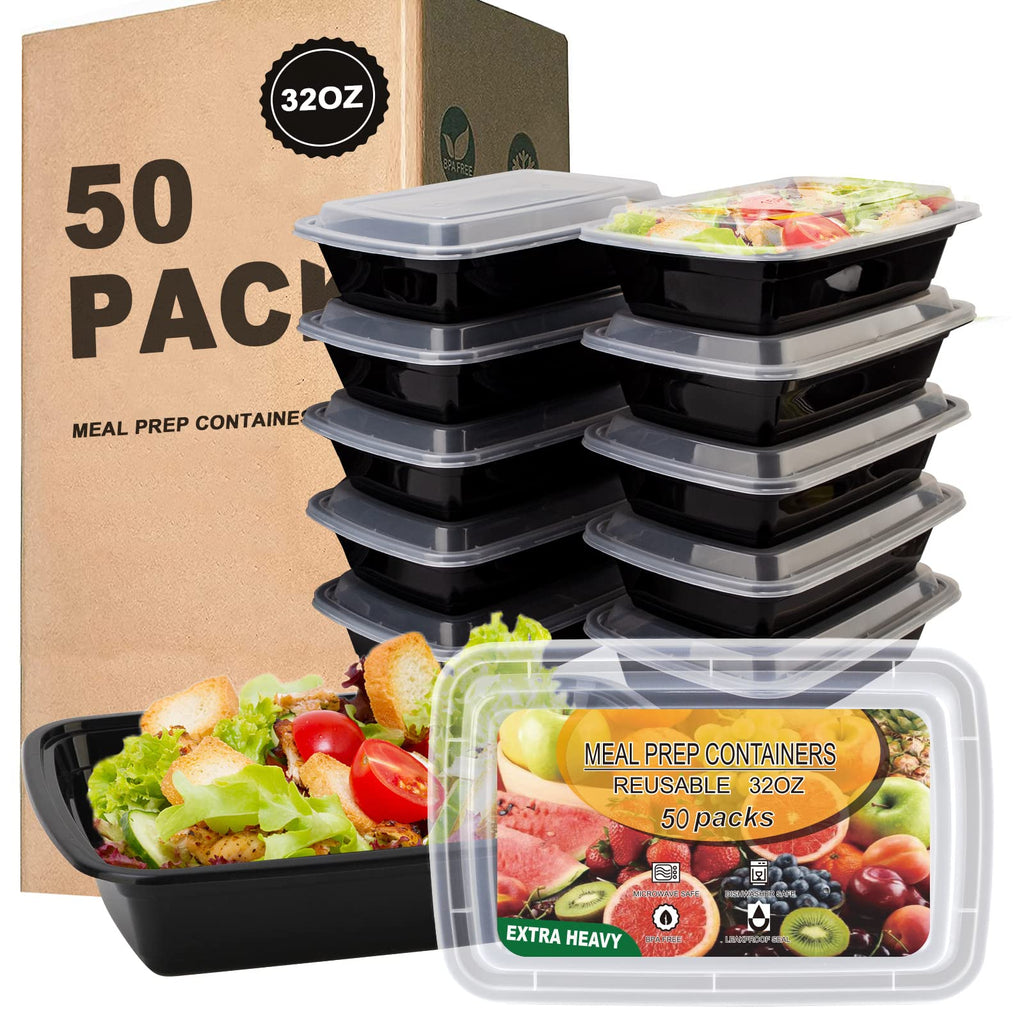 Ezalia 50 Pack- Meal Prep Containers 32oz, Plastic Food Prep Containers with Lids, Leakproof to Go Container with Lids Reusable, BPA-Free, Microwave/Dishwasher/Freezer Safe