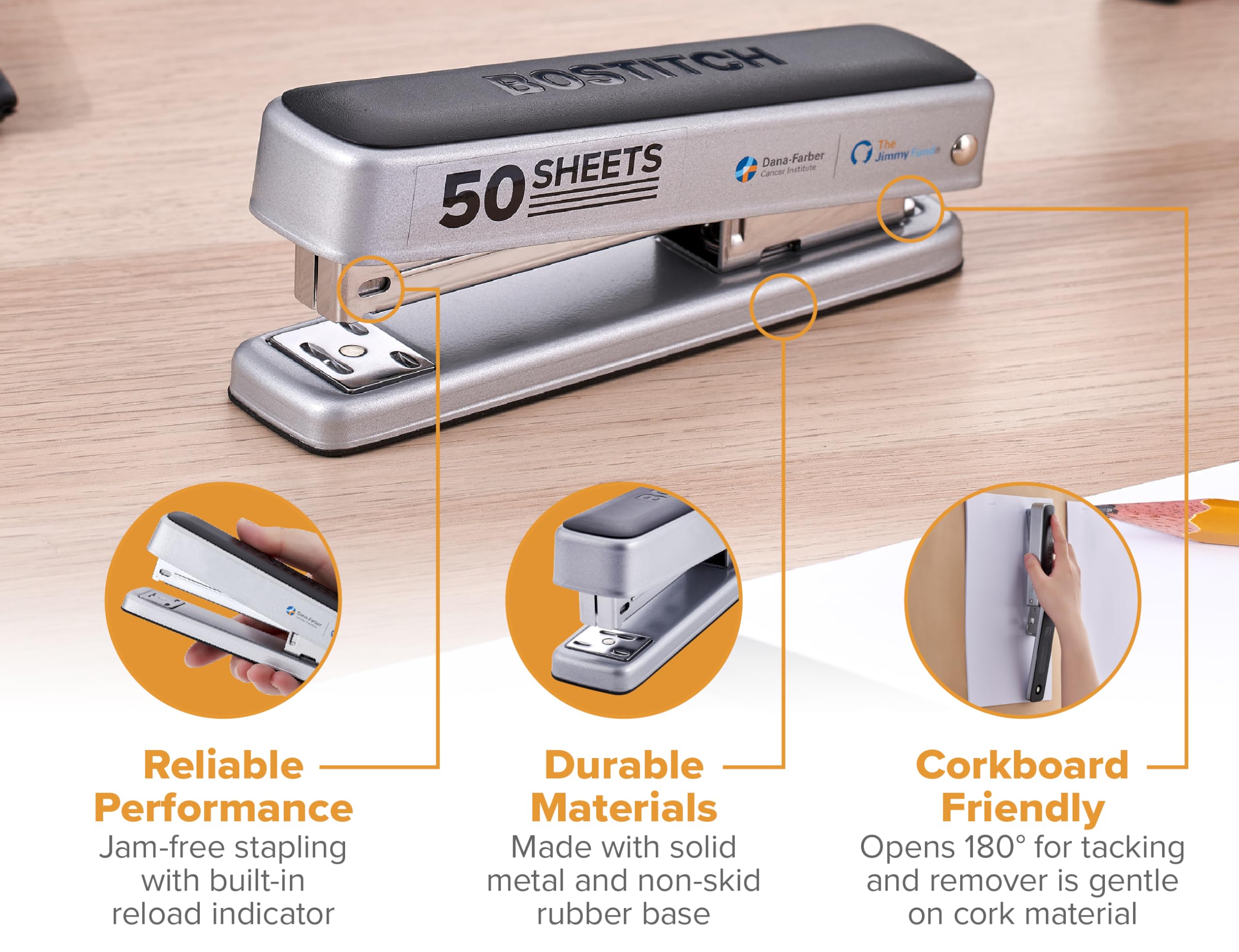 Bostitch Titan Heavy Duty Metal Stapler, 50 Sheet Capacity with 1250 Staples and Ergonomic Staple Remover, Jam Free Stapling, Full Strip Stapler for Desk, Office and Classroom, Silver