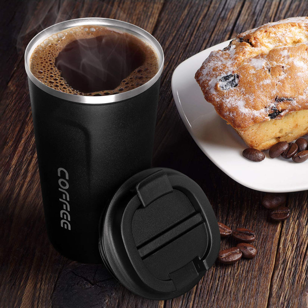 17oz (510ml) Vacuum Insulated Travel Mug, Smilatte Leakproof Double Wall Stainless Steel Reusable Coffee Cup with Lid for Hot & Cold Drinks, Matte Texture Black
