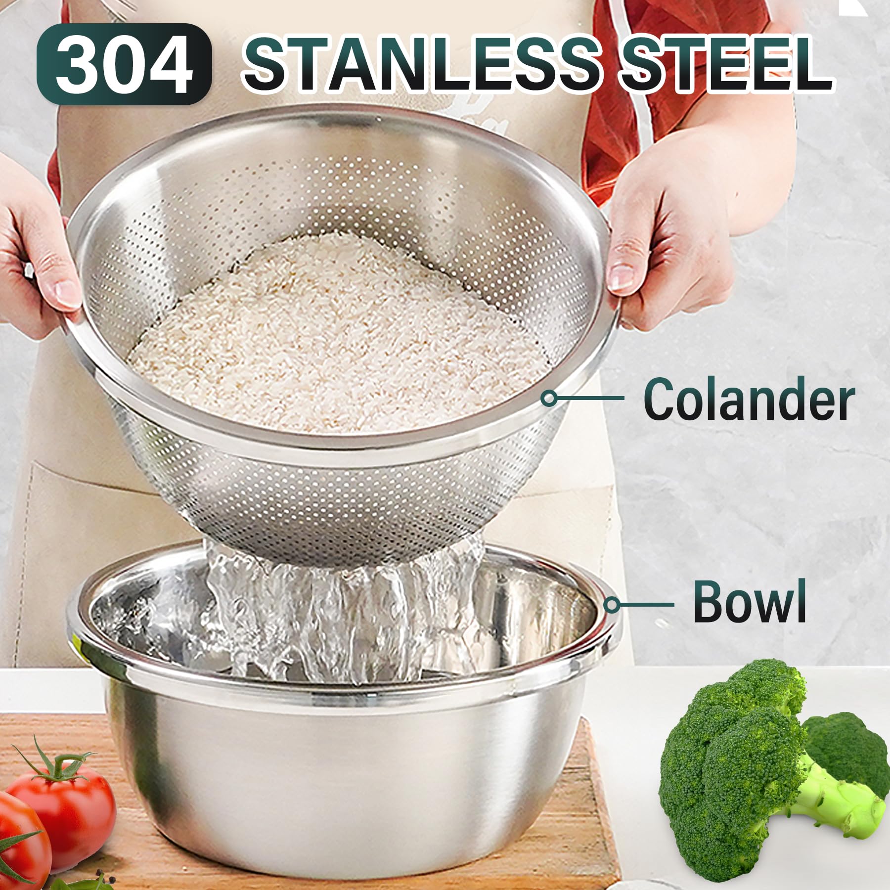 POPGRADE 304 Stainless Steel Colander Rice Washing Bowl Set, 3.5 QT Colanders & Food Strainers, Rice Strainer Washer Fruit Cleaner Bowl, Vegetable Fruit Washing Colander with Salad Mixing Bowl (2pcs)