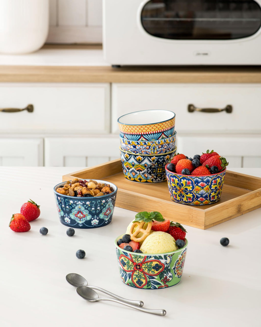 Ramekins Oven Safe for Creme Brulee - Porcelain Pudding Custard Cups 6 oz - Small Serving Bowls for Souffle, Dipping Sauce, Ice Cream, Baking Ramiken Set of 6 - Bohemian Style