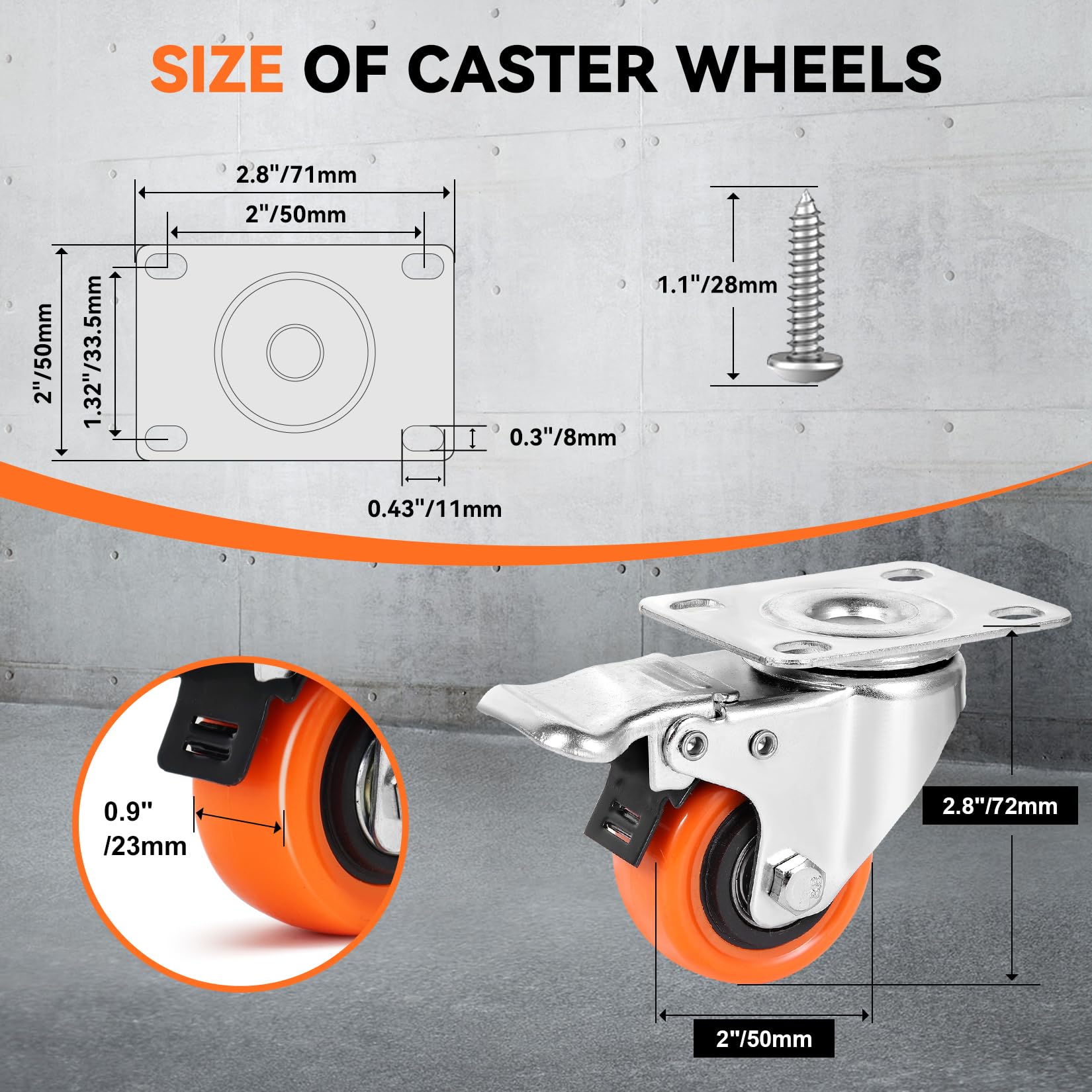 2" Plate Caster Wheels Heavy Duty 600 Lbs Load Capacity Swivel Casters with Brake Set of 4, Safety Dual Locking, No Noise Wheels for Furniture, Carts (Free Screws and Screwdriver)