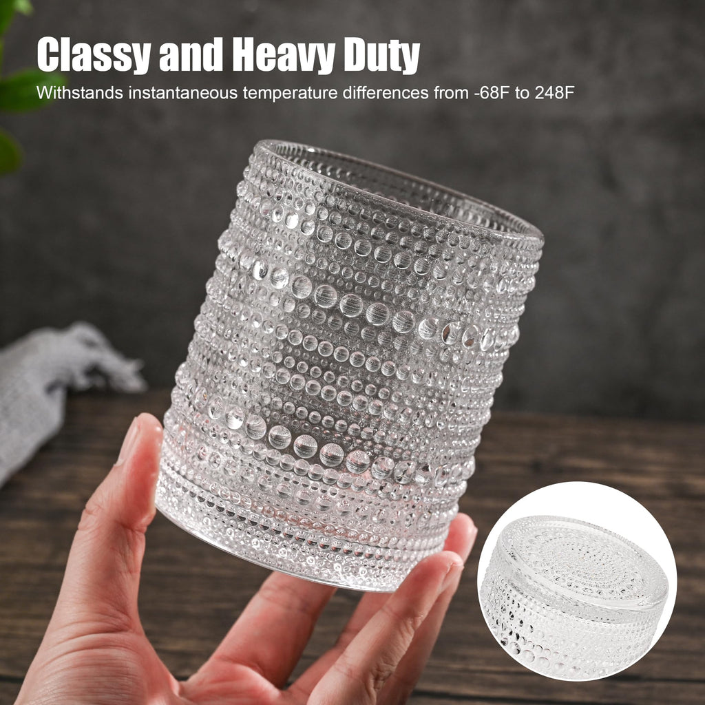 KMIGRUAN Hobnail Drinking Glasses Set of 6,12oz Vintage Glassware Embossed Vintage Water Cups Cocktail Glasses Juice Glasses