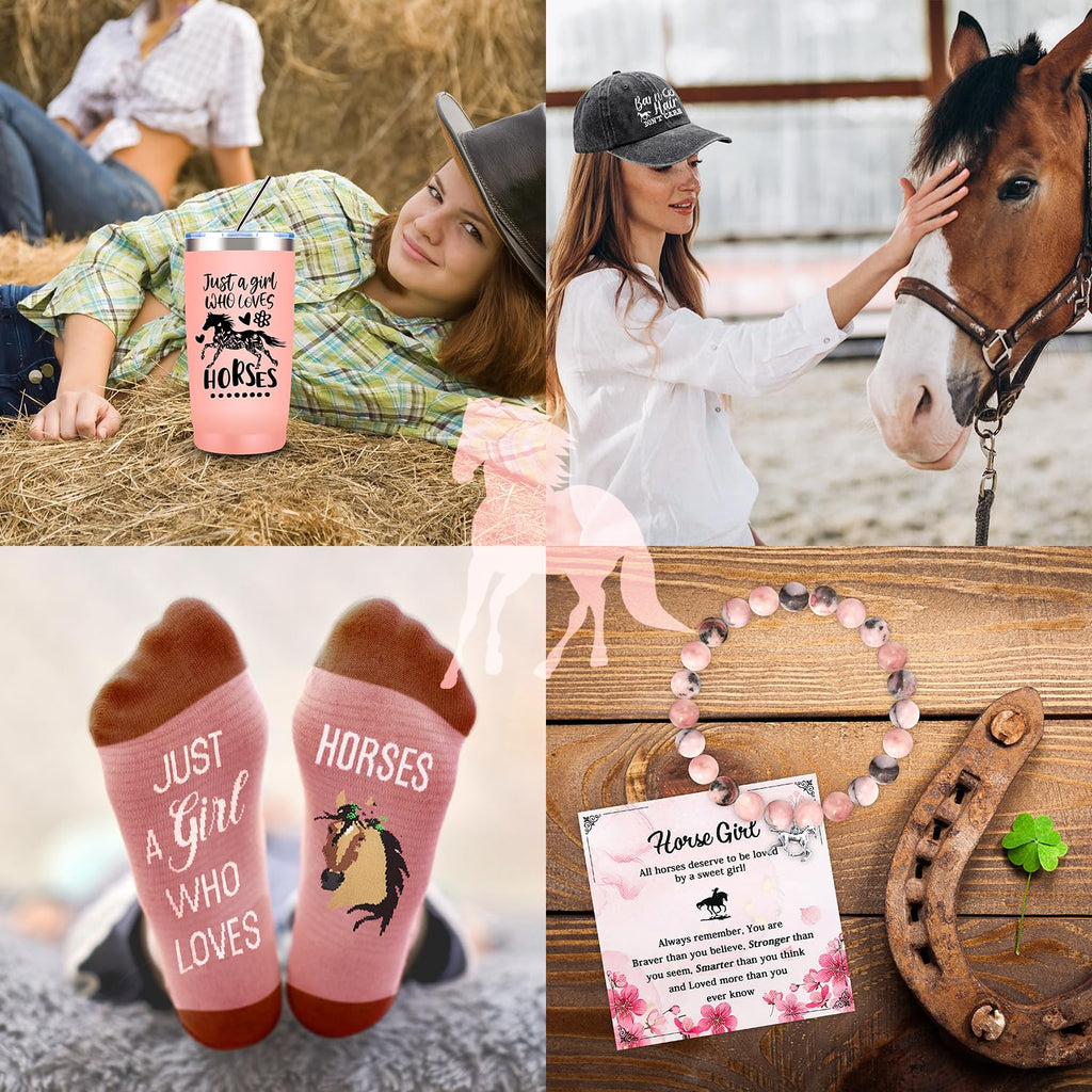 JTAMOHI Horse Lover Gifts for Women Girls, Horses Stuff Cool Gifts for Horses Lovers with 20 Oz Tumbler Baseball Hat Socks Makeup Bag Bracelet Hair Accessories for Birthday, Christmas Gifts