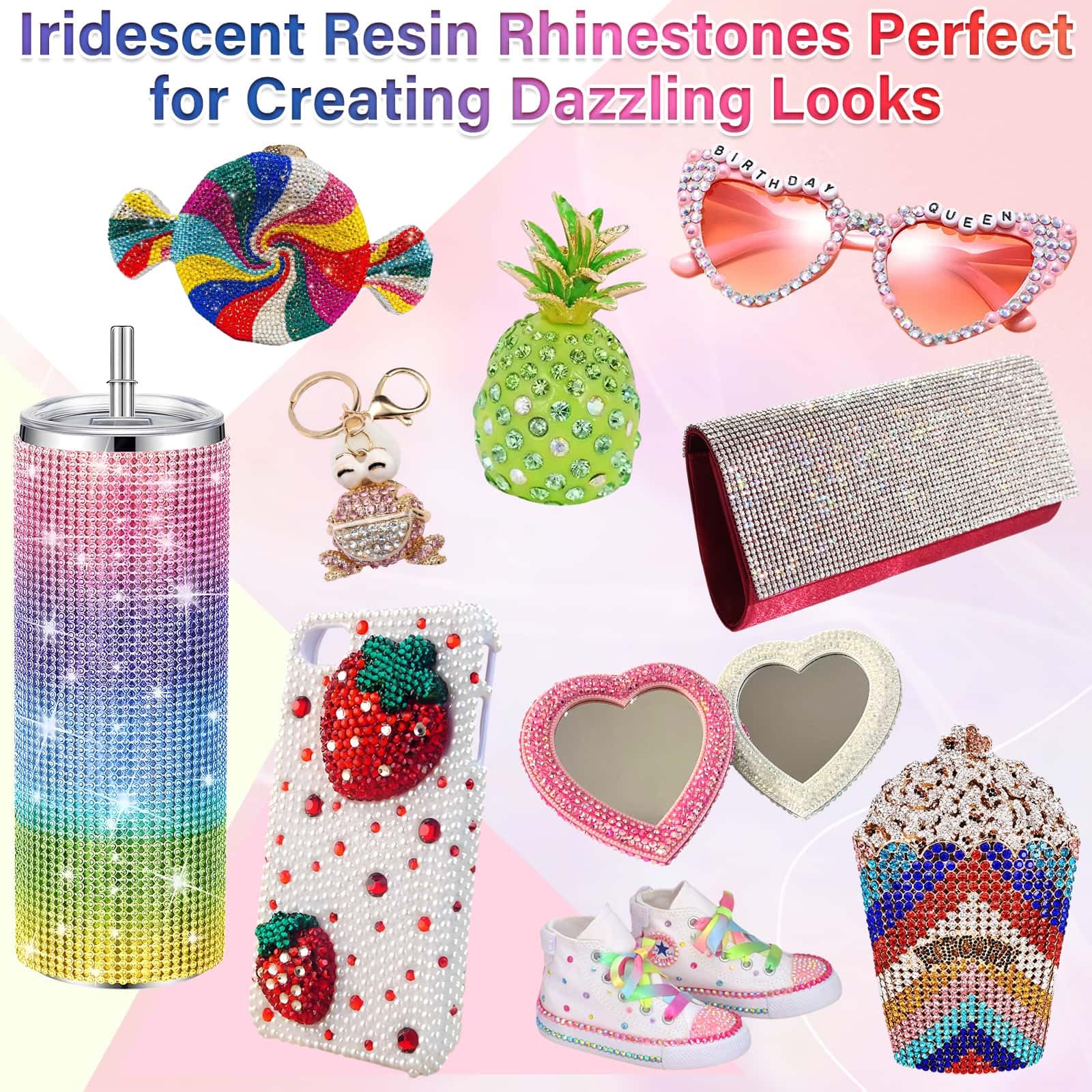 40000Pcs Resin Rhinestones with B7000 Jewelry Glue for Crafting, Rainbow Bedazzling Crystals Flat Back Gems with Craft Adhesive for DIY Graduation Cap Clothes Tumblers Shoes Nails and Face