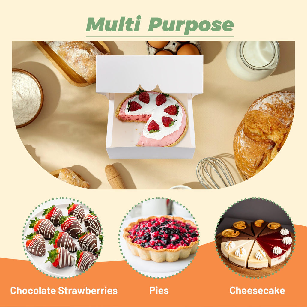 LOKQING 20 Pack Pie Boxes 9x9x3Inch Cake Boxes Bakery Boxes with Window for Pie, Cookies, Donuts, Chocolate Covered Strawberries (White)