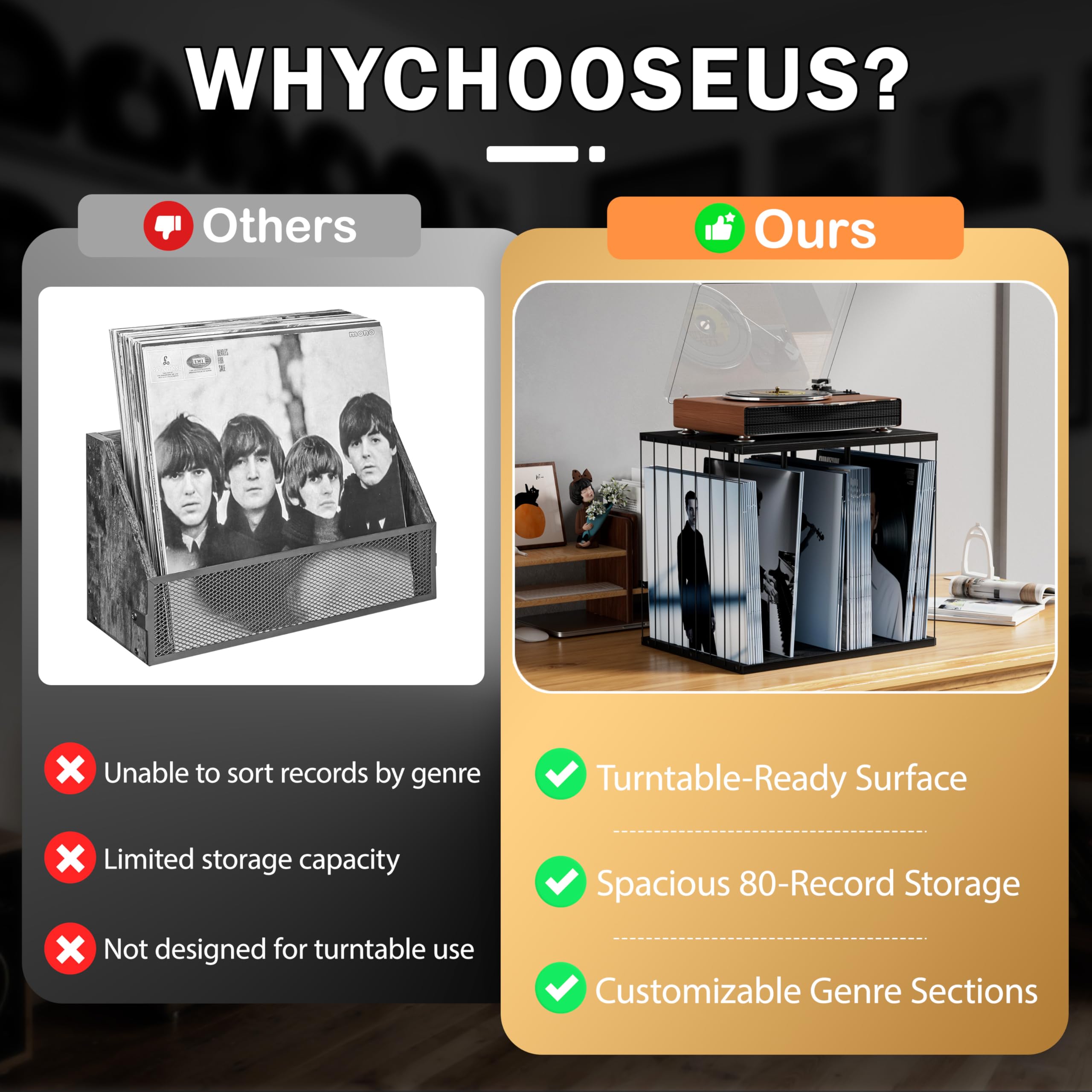 Emfogo Vinyl Record Storage, Metal & Wooden Vinyl Record Holder Up to 80 Album, 3-Compartment Record Player Stand for Magazine, Book, Files, Albums (Black)