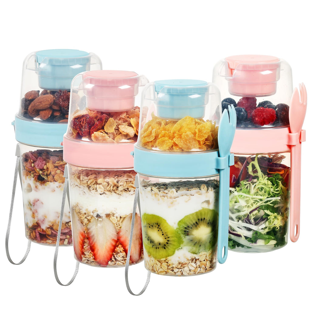 Vtopmart 4 Pack 27oz Yogurt Parfait Contianer with Spoon and Sauce Cup, Overnight Oats Containers, Reusable Crunch Cup, Food Container for Breakfast with Yogurt, Cereal, Salad or Snack