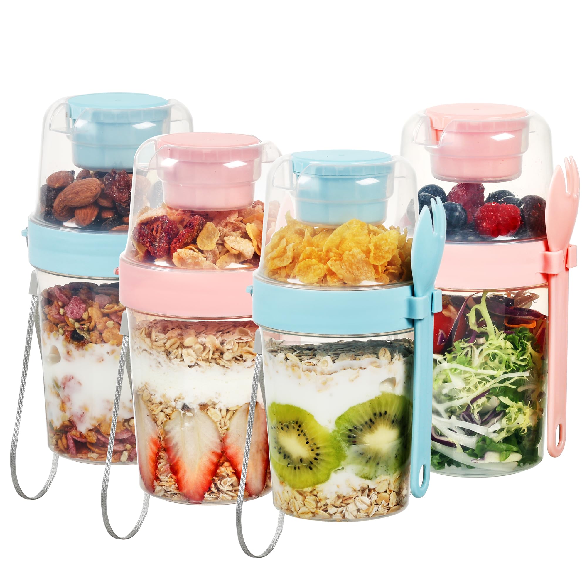 Vtopmart 4 Pack 27oz Yogurt Parfait Contianer with Spoon and Sauce Cup, Overnight Oats Containers, Reusable Crunch Cup, Food Container for Breakfast with Yogurt, Cereal, Salad or Snack
