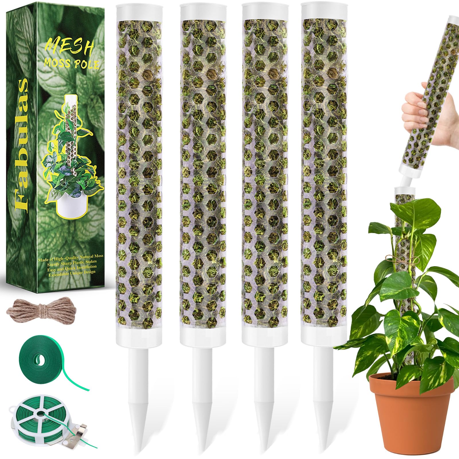 Fabulas 55 Inch Moss Pole Monstera Plant Support, 4 Pack 17 Inch Plant Support Stakes for Indoor Climbing, Stackable Sphagnum Moss Pole Sticks for Garden Potted Planter, Pothos, Philodendron
