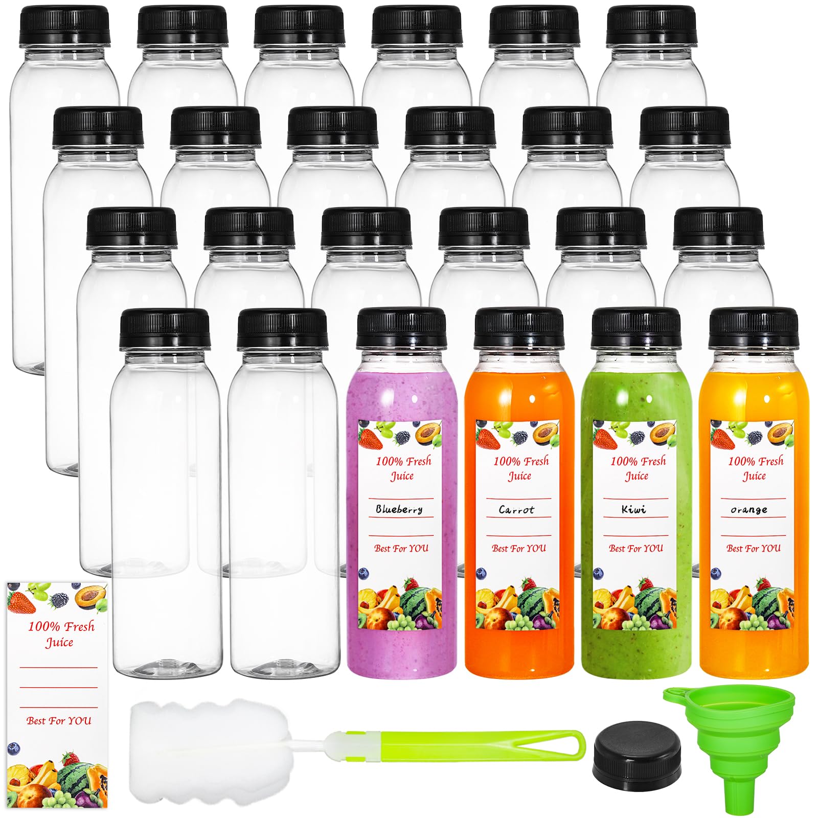 YOUEON 24 Pcs 8 Oz Empty Plastic Juice Bottles with Tamper Evident Caps, Reusable Water Bottles, Juice Containers with Labels, Funnel and Brush for Drinks, Juices, Smoothies and Other Beverages