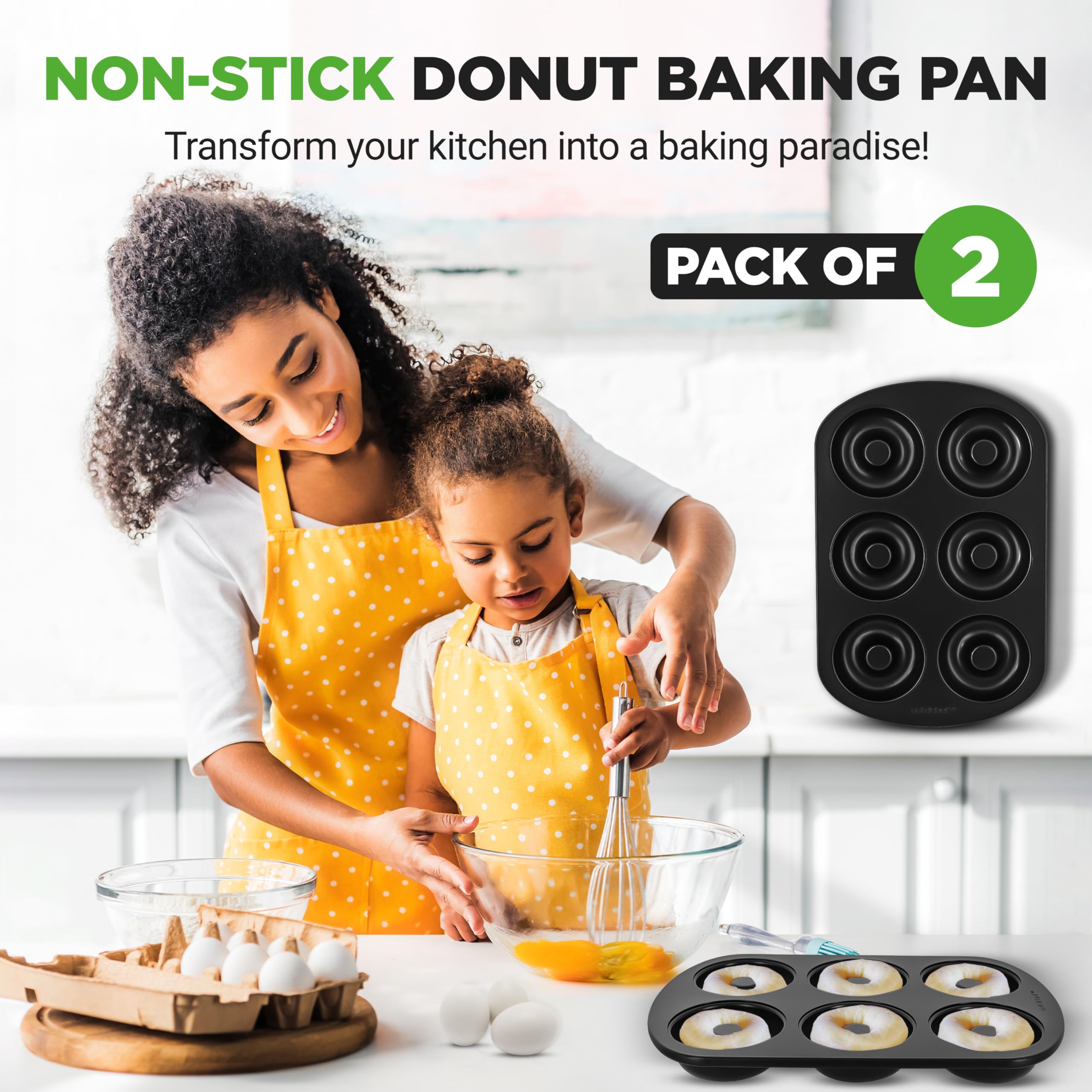 NutriChef Donut Pan - 2 Piece Set of 6 Cavity Nonstick Carbon Steel Donut Molds, Easy Release & Clean, Great for Bagels, Desserts & Chocolate, Dishwasher and Oven Safe