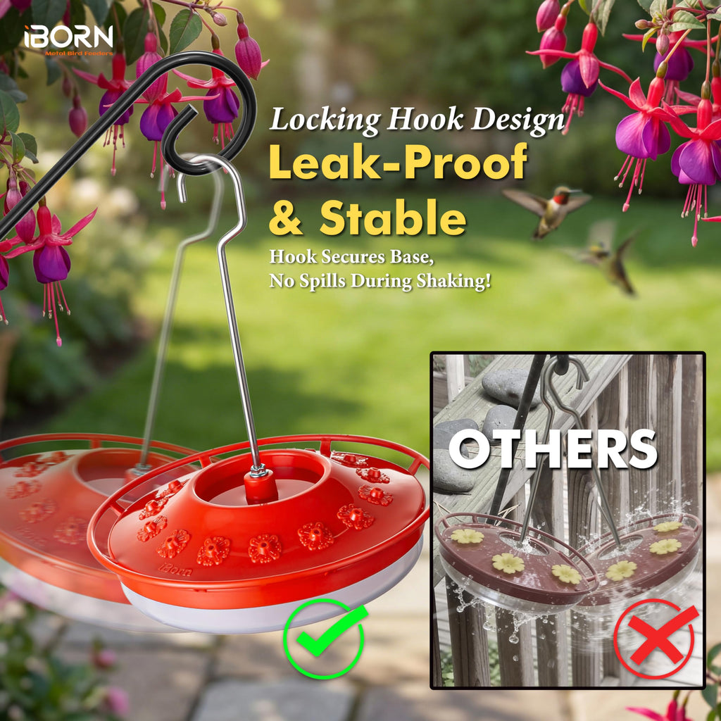 iBorn Hummingbird Feeder for Outdoors with Built-in Ant Moat, Bird Feeders with 14 Bee Guard Ports, Metal Hanging Hook & Easy-Clean Design, 13 OZ,2-Pack,Red