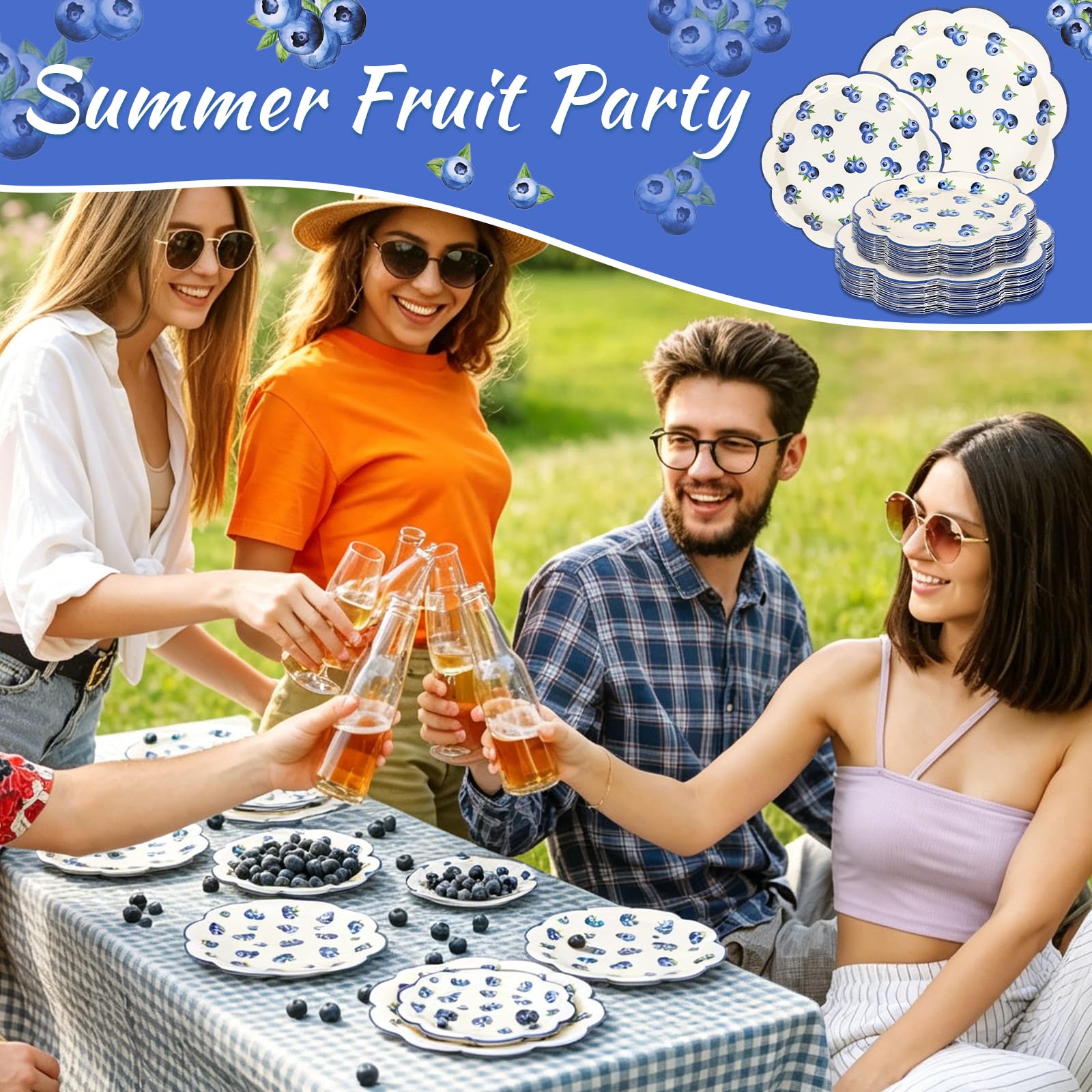 FYSUIMU 50Pcs Blueberry Scalloped Paper Plates 7 & 9 Inch Disposable Dinner Dessert Plates for Summer Birthday Baby Shower Party Supplies