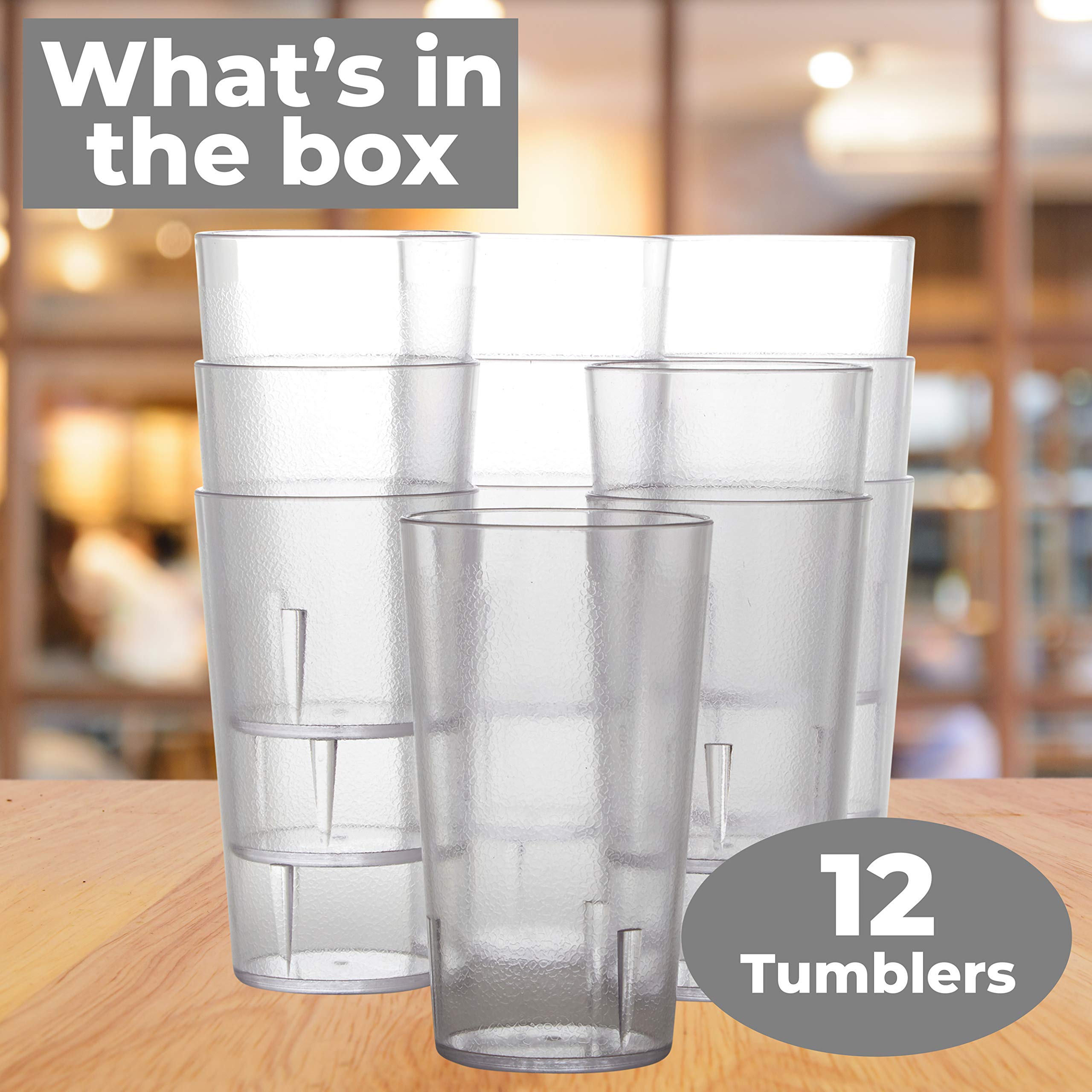 Restaurant Grade, BPA-Free 12oz Clear Plastic Cups 12pk. Super Durable, Break Resistant Drinking Glasses for Cafe, Party, Catering. Reusable, Stackable Tumblers with Textured Grip Design