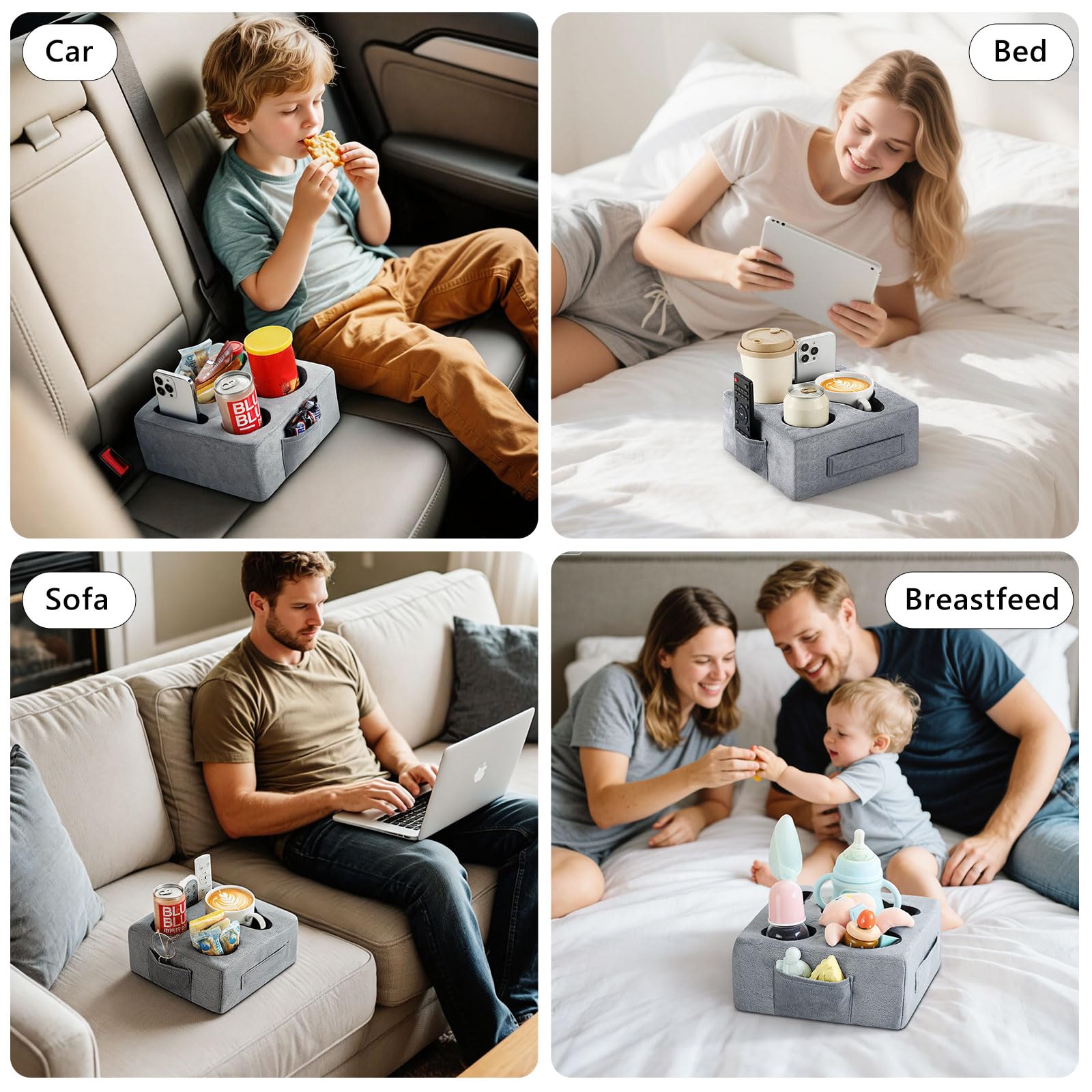 Luxspire Couch Cup Holder Tray, Couch Cup Holder Pillow with 4 Holes, Side Pocket and Handle, Couch Caddy Pillow for Phone/Drinks/Remote Control/Snacks, Gray