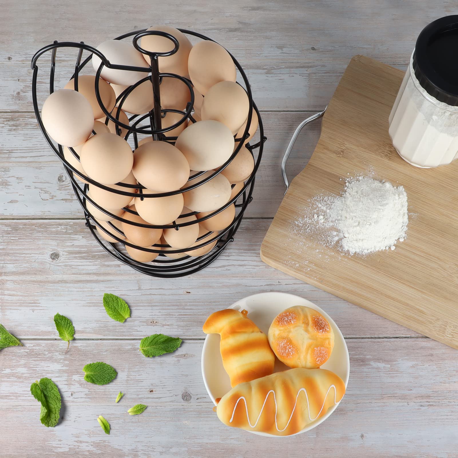 QUTREY Black Metal Egg Skelter, Spiral Design Egg Dispenser Rack Holder with Storage Basket for Countertop, Kitchen