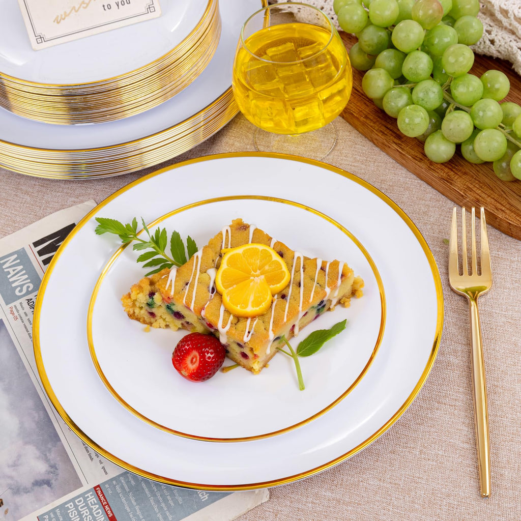 LIYH 60 Pcs Gold Plastic Plates Disposable - White Plastic Plates for Party/Weddings Include 30 White Gold Rim Dinner Plate 10.25" & 30 Dessert Plate 7.5 "