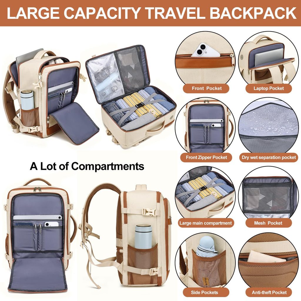 Travel Backpack for Women Flight Approved Carry On Travel Backpack with Shoe Pouch,TSA 15.6inch Laptop Sac à Dos Personal Item Bag for Weekender Overnight Bags Bookbag Travel Essentials,Beige