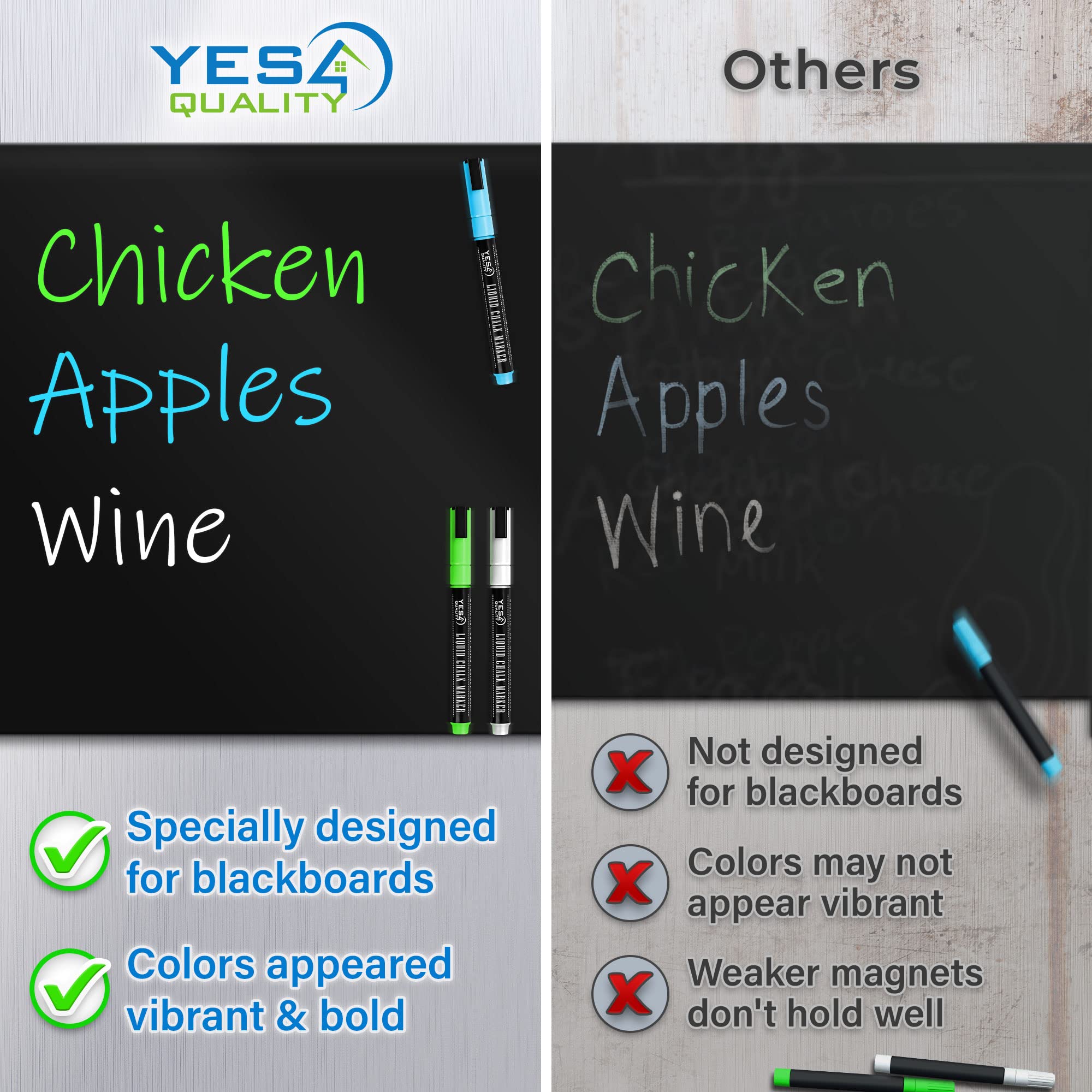 Magnetic Black Dry Erase Board for Fridge - 48 x 33 cm - Stain Resistant with 3 Magnetic, Fine Tip Neon Chalk Markers & Eraser - by Yes4Quality