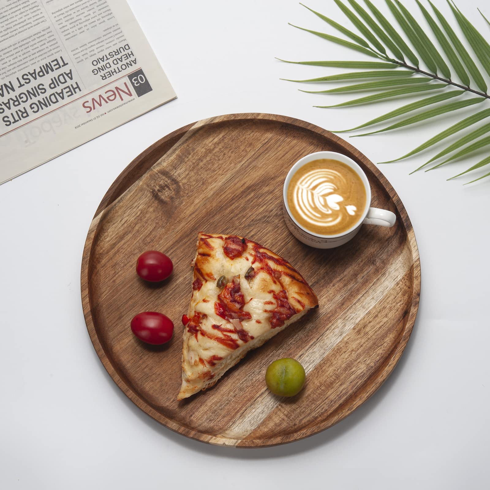 YANGQIHOME Acacia Wood Serving Tray, Round Wooden Platter for Food, Snack, Bread, Cheese, 35 cm Kitchen Serving Tray