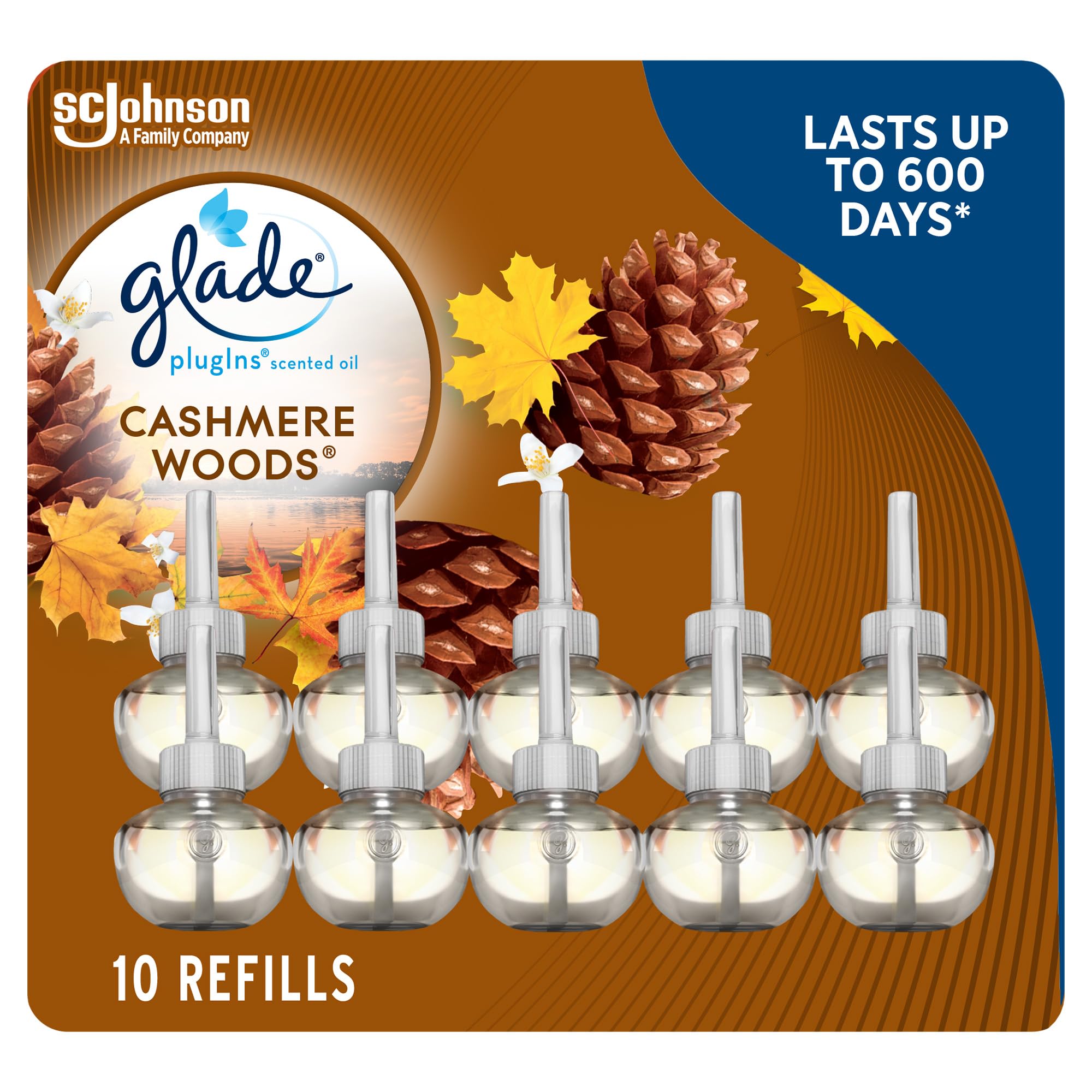 Glade PlugIns Air Freshener Oil Refill, Scented and Essential Oils for Home and Bathroom, Cashmere Woods, 10 Refills