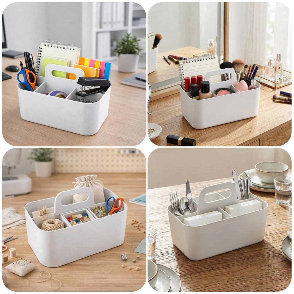 Jucoan 2 Pack Desk Organizer Caddy, Stackable Plastic Makeup Storage Baskets with Adjustable Dividers, 5 Compartments Portable Tote Bin for Bathroom Counter, Desk, Office Supplies Organization (Beige)